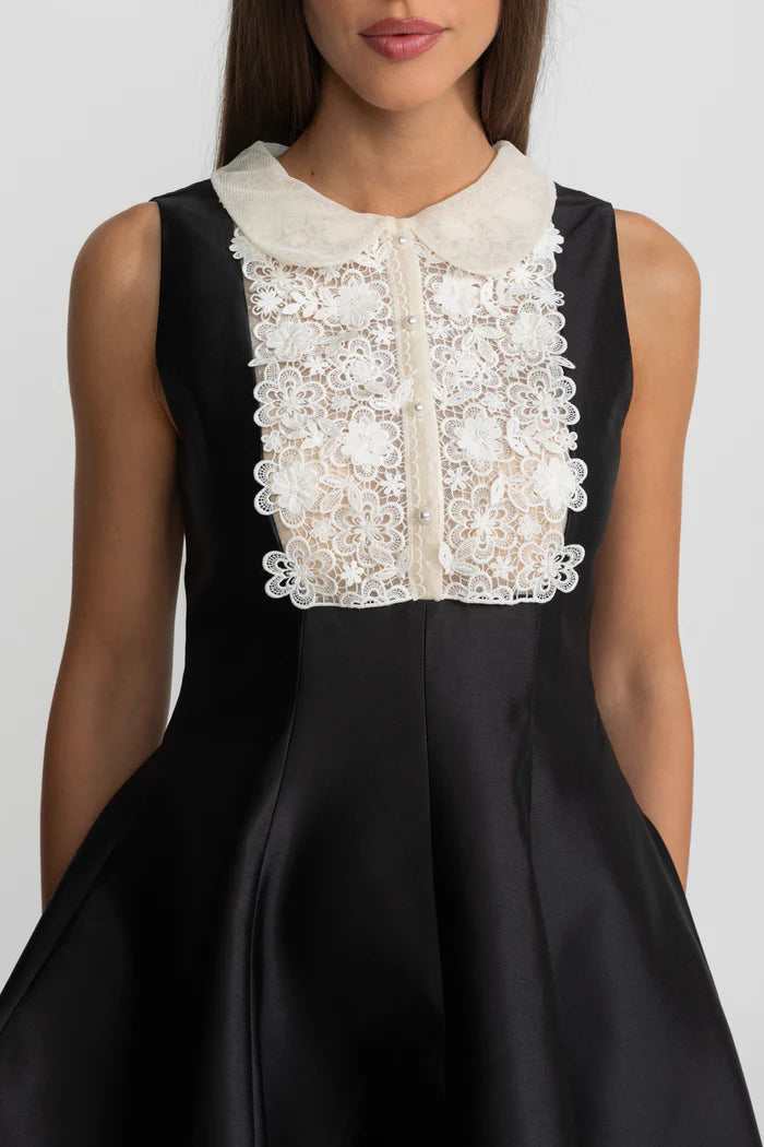 A-Line Mini Dress with Lace Bib – Black