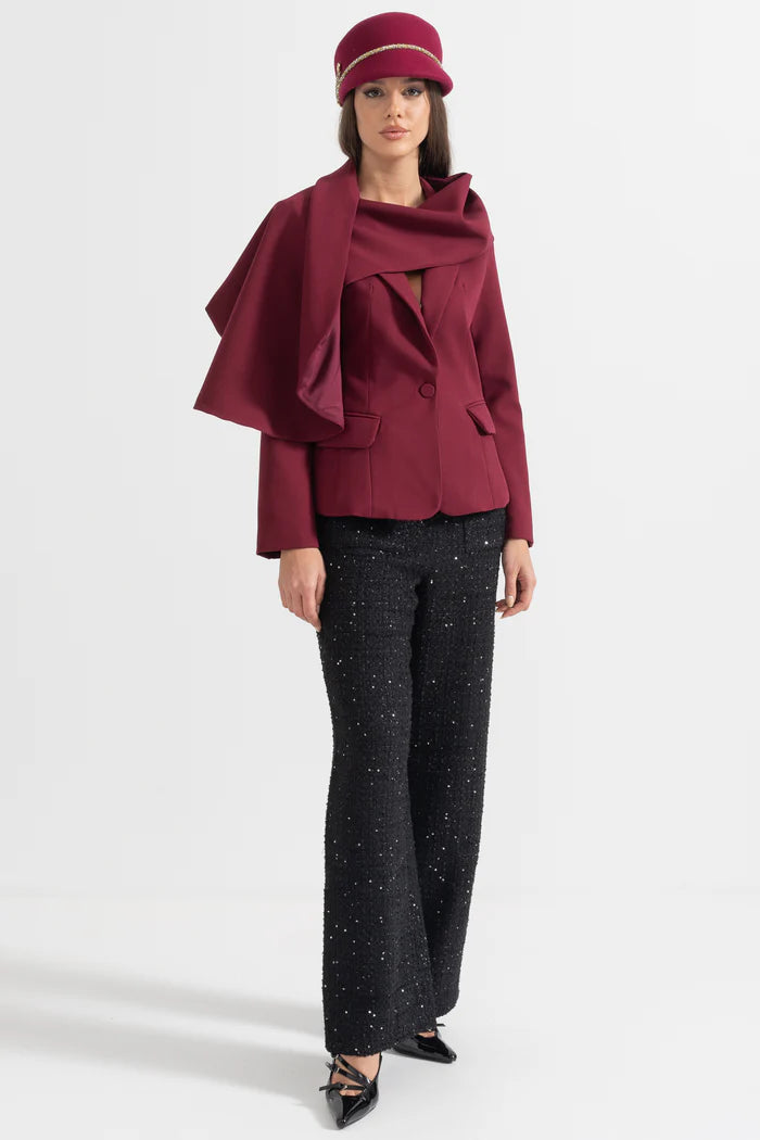 Modern Blazer With Asymmetrical Draped Scarf - Burgundy