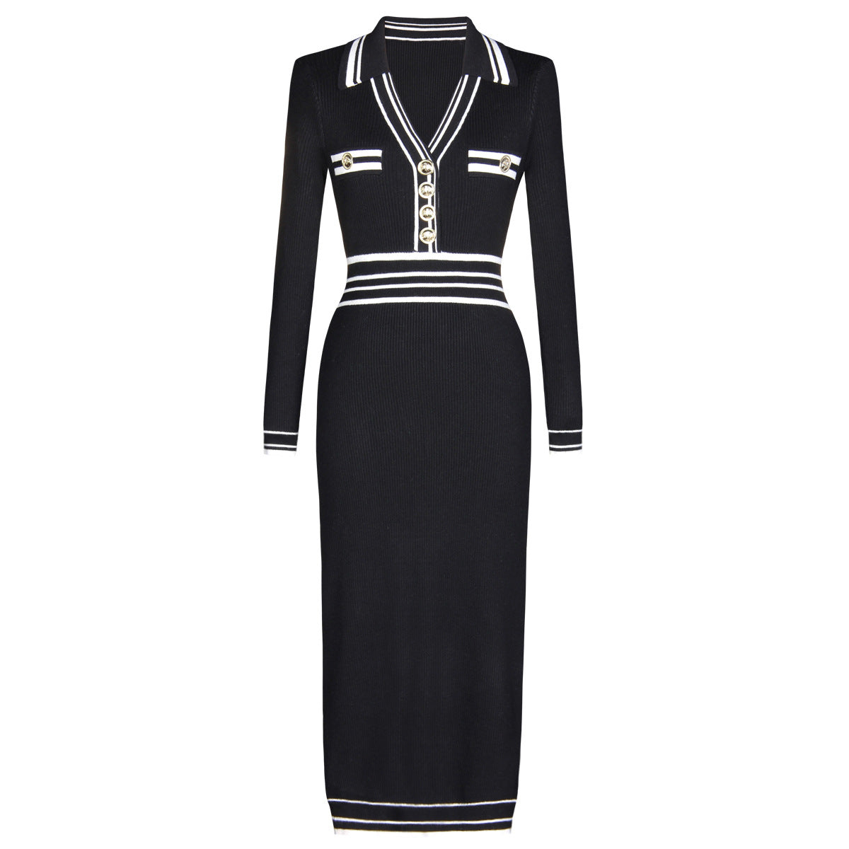 Knitted Lapel Patchwork Slim Long Sleeve Dress