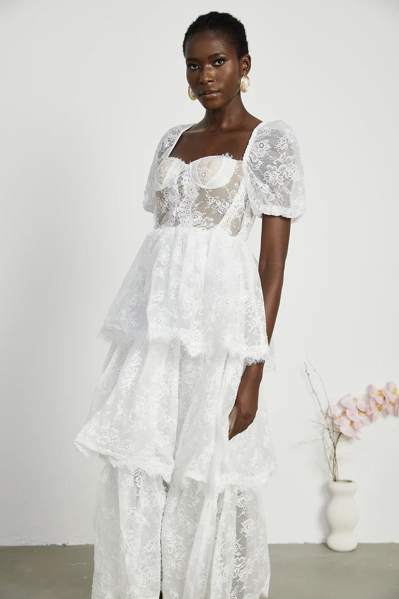 Mélisande white lace tiered maxi dress