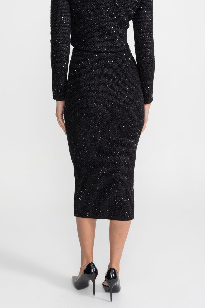 Embroidered Tweed Knit Co-Ord Set with Contrast Trim – Black