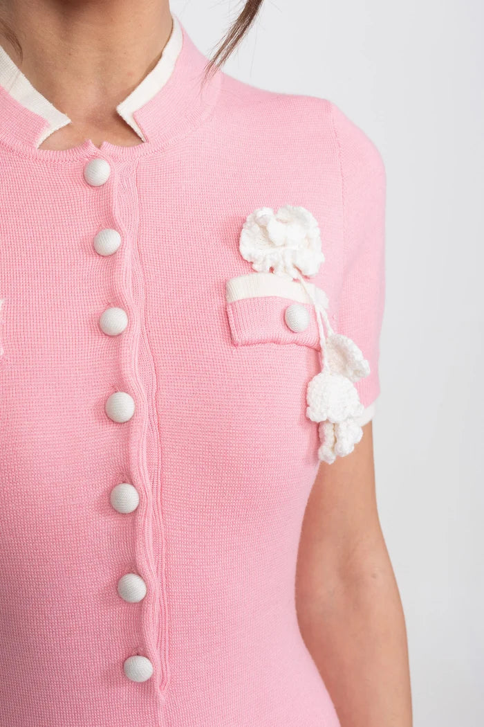 Ribbed Knit Midi Dress With Contrast Trim And Decorative Pockets - Pink