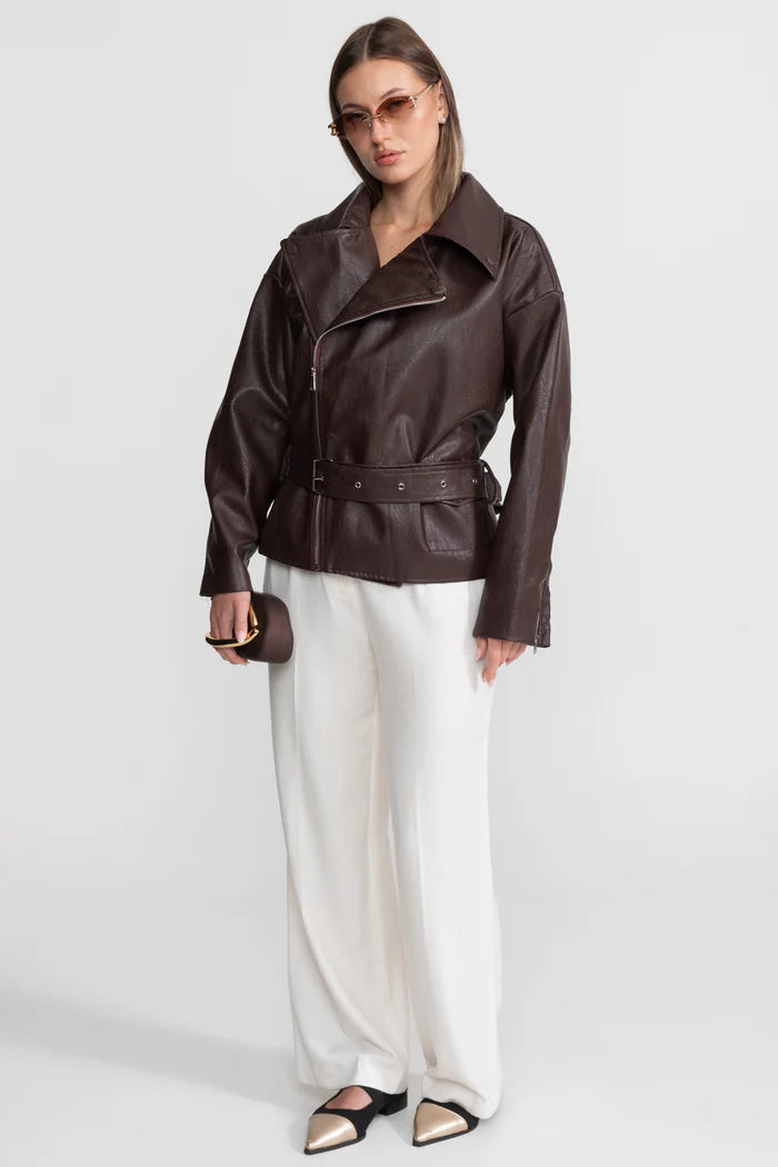 Belted Biker Jacket With Wide Lapels – Chocolate Brown