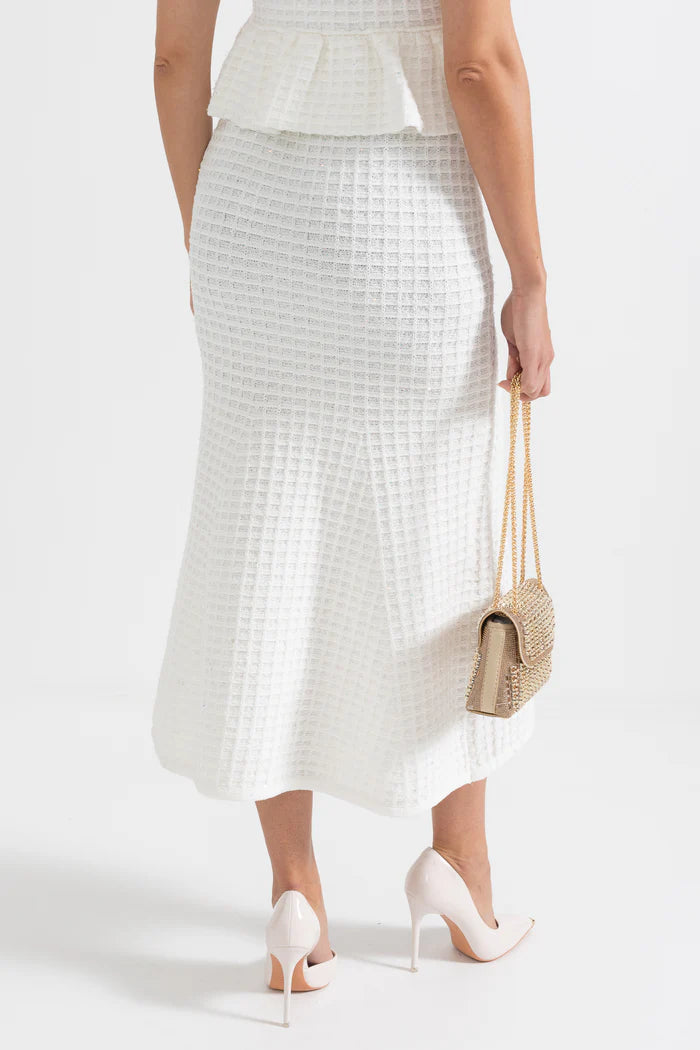 Knitted Midi Dress With Gold Buttons And Peplum Waist - White