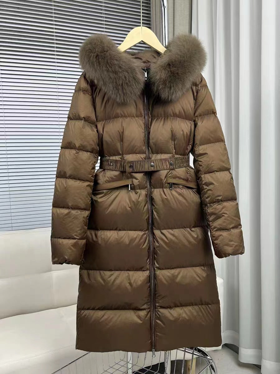 Fox big fur collar mid-length down jacket