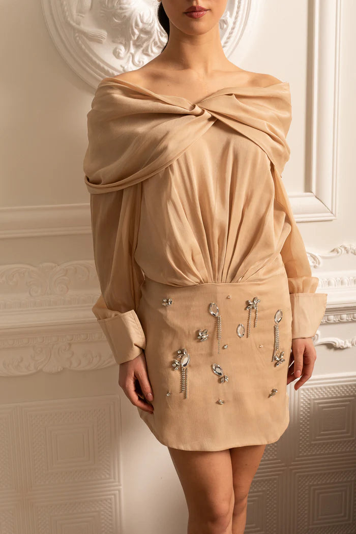 Off-Shoulder Draping Dress With Long Sleeves And Sparkling Embellishments - Beige