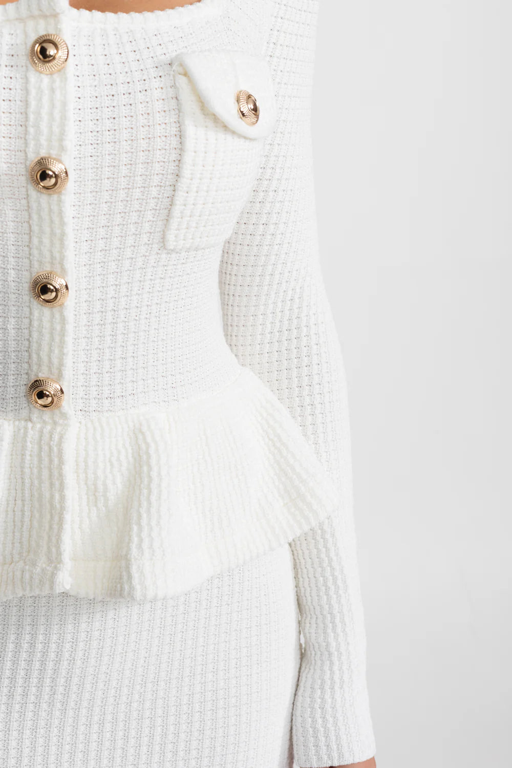 Textured Knit Dress with Peplum Waist and Gold Buttons - White