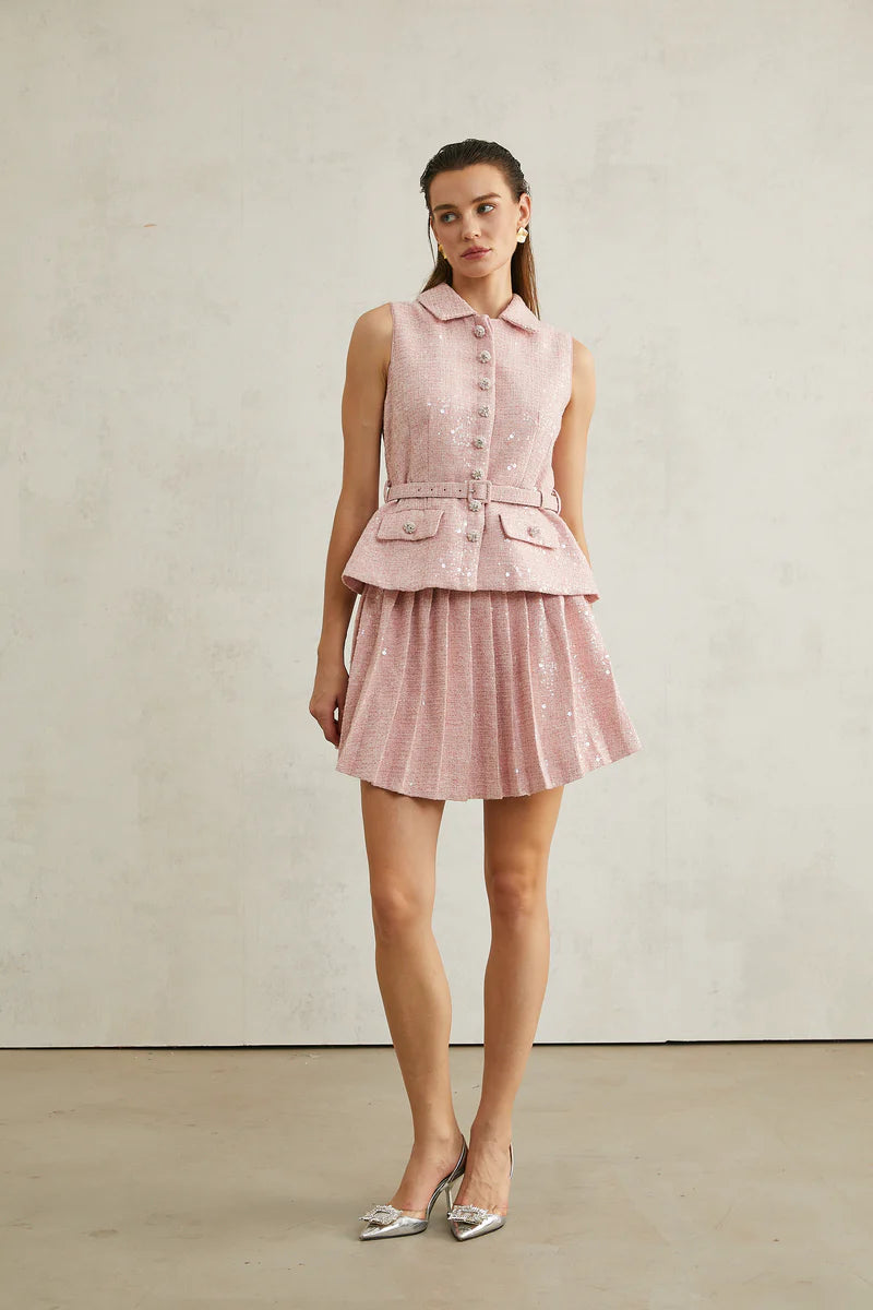 Élise Pink Pleed Embellied Mini Robe