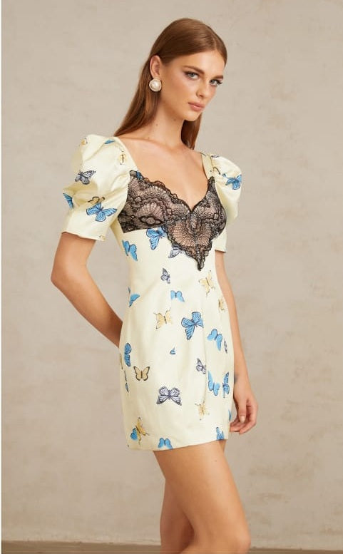 Sirkka White Butterfly Print Satin Mini Dress