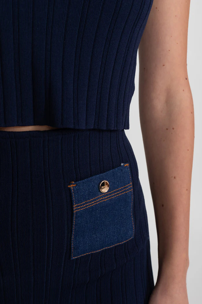 Ribbed Knit Co-ord Set with Contrast Denim Pockets - Dark Blue