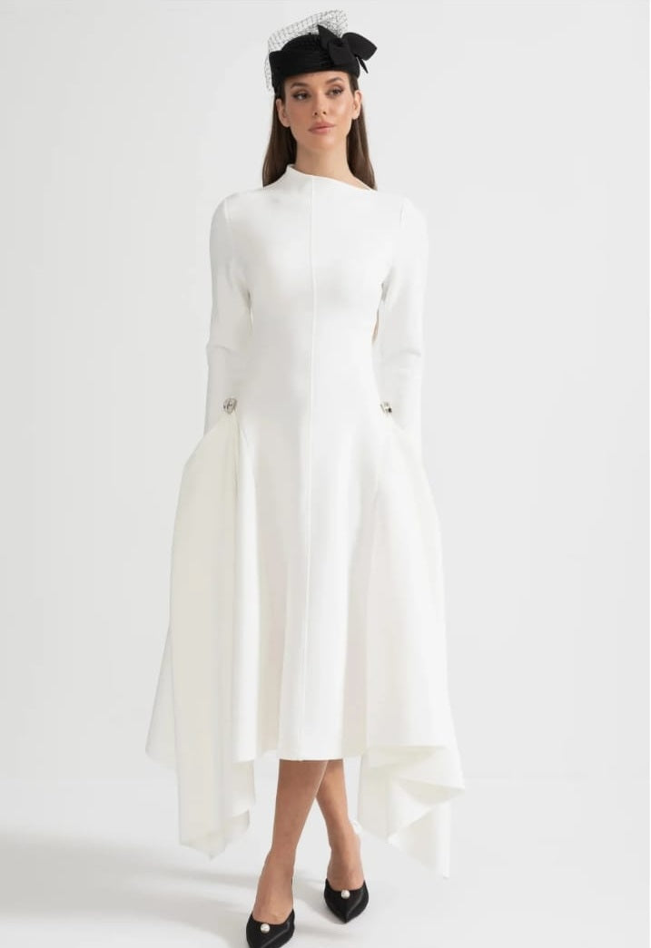 Long-Sleeved Dress With Asymmetrical Hem And Structured Silhouette - White