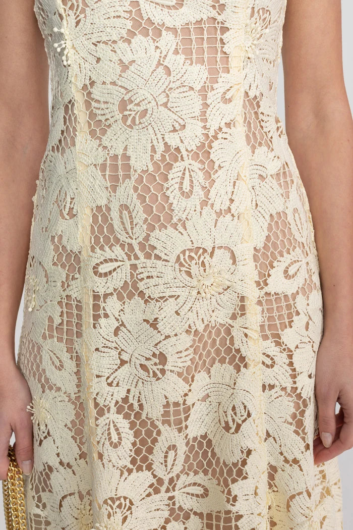 Lace Sleeveless Midi Dress With Round Neckline And Scalloped Hem - Yellow