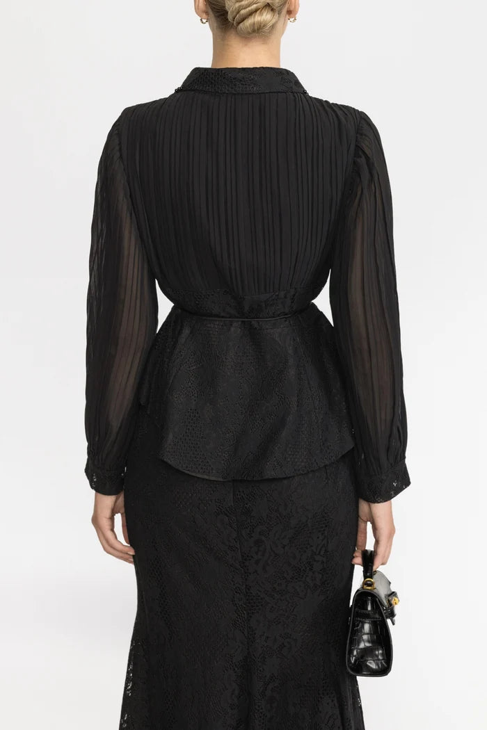 Pleated Chiffon Lace Peplum Blouse and Maxi Skirt Set - Black