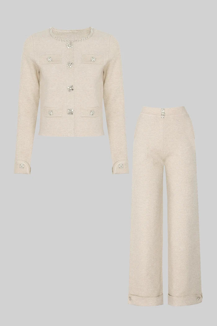 Long Sleeve Knit Co-Ord Set With Sparkling Embellishments - Beige