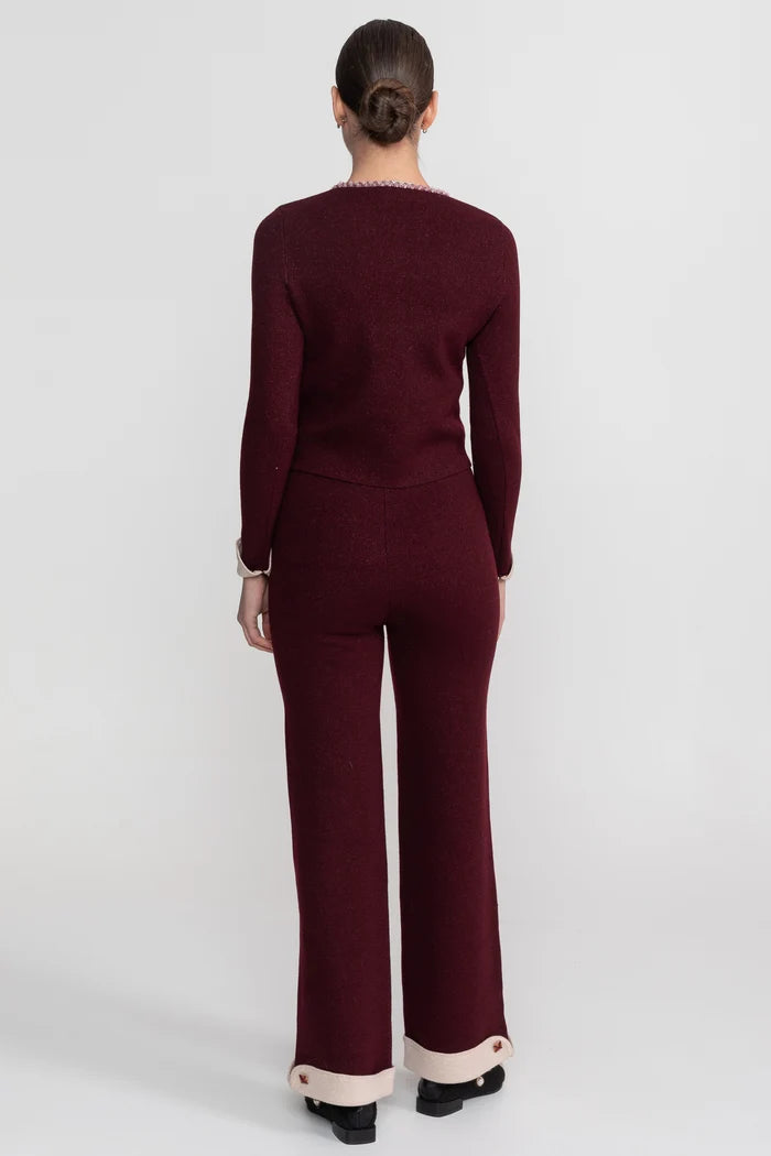 Long Sleeve Knit Co-Ord Set With Contrast Trim And Sparkling Embellishments - Burgundy