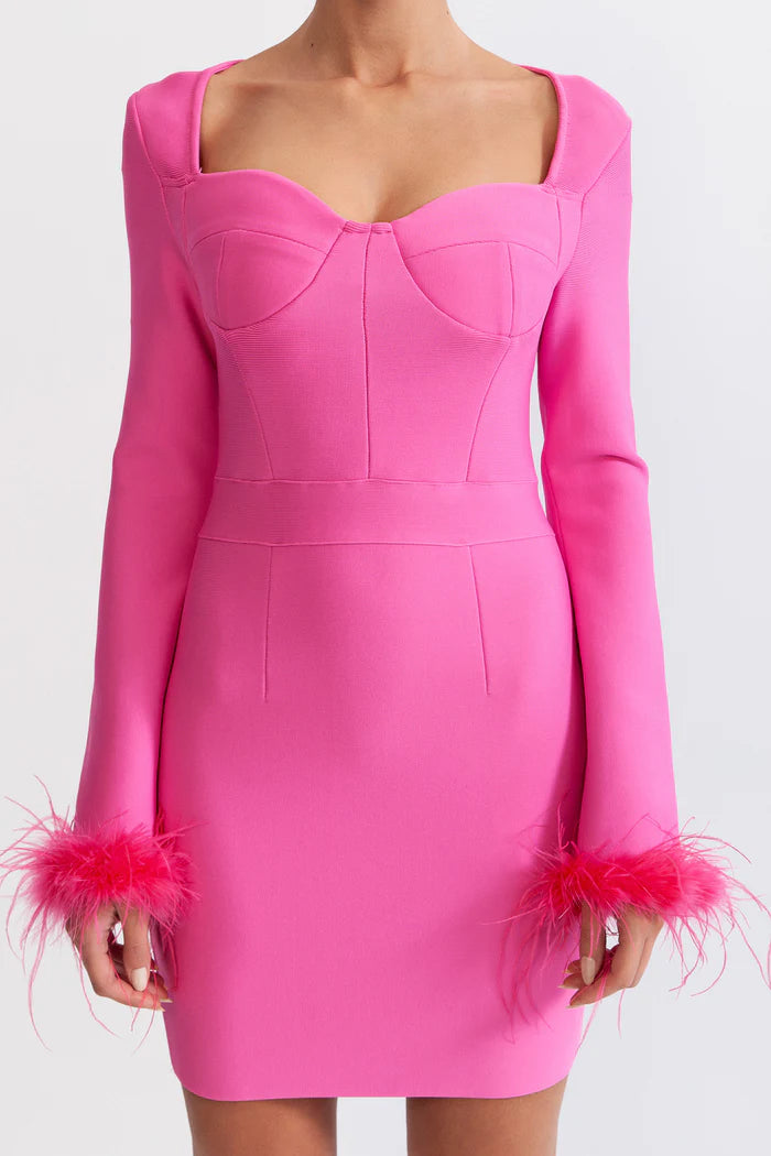 Long Sleeve Fur Mini Dress - Fuchsia