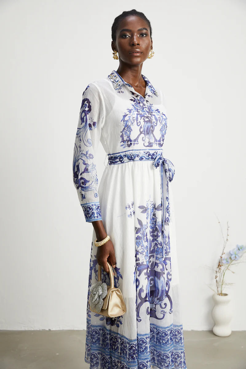 Isabelle pattern-print cinch-waist midi dress
