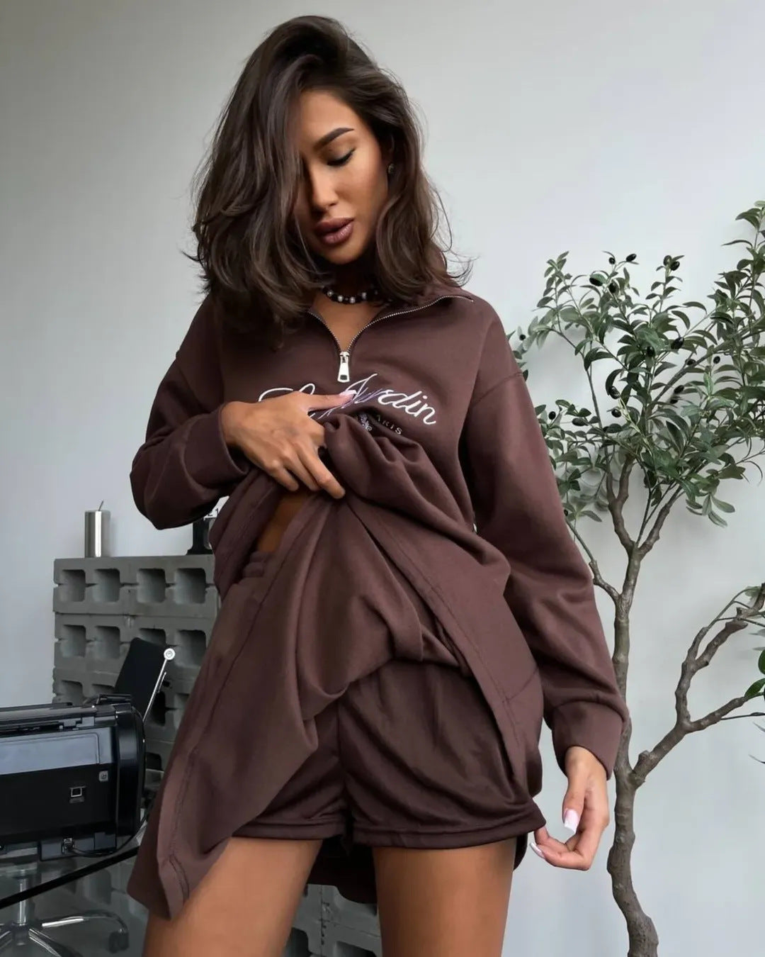 Loose half-zipper sweatshirt  two-piece set