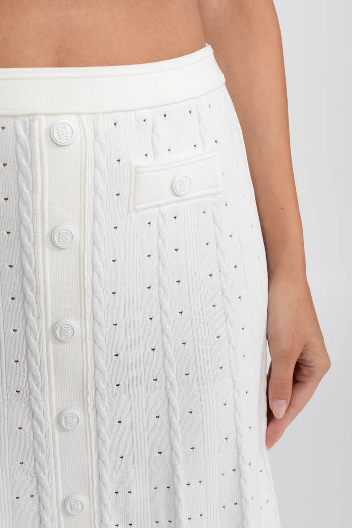 Ribbed Knit Co-Ord Set With Buttoned Front Cardigan And Matching Maxi Skirt - White