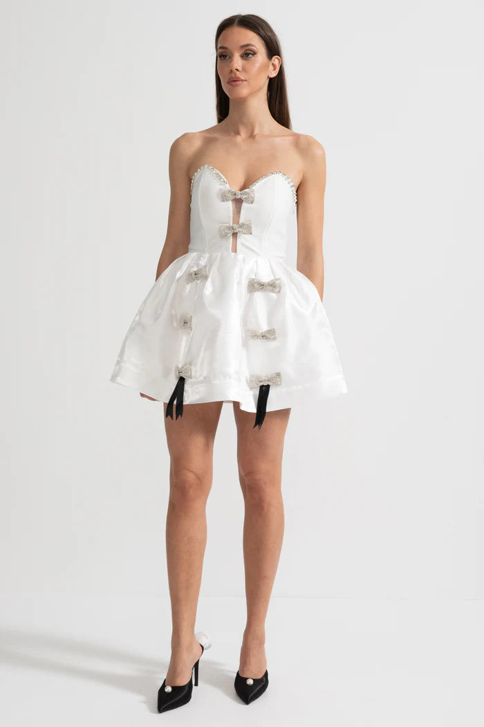 Strapless Mini Dress with Crystal Bow Embellishments - White