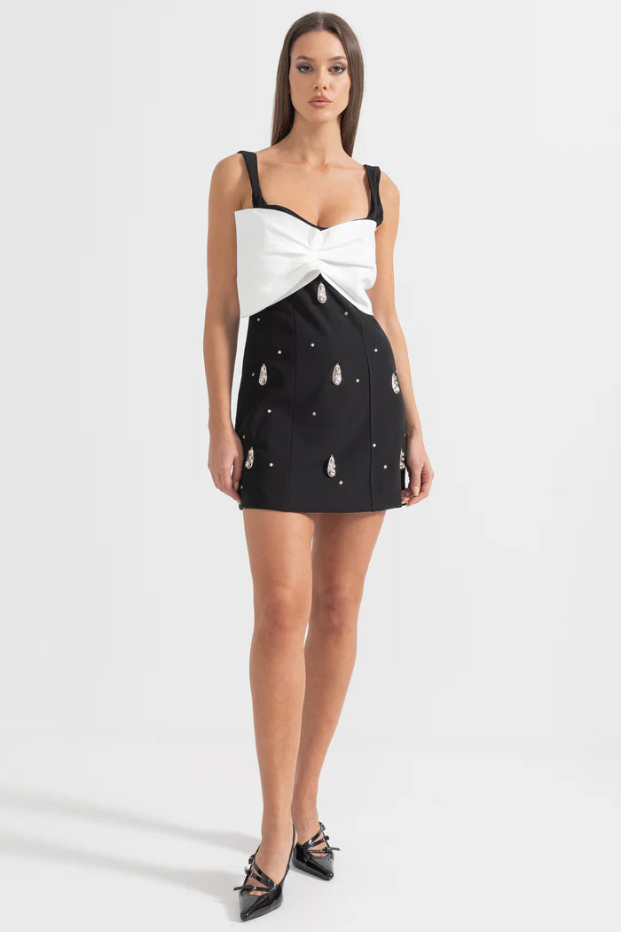 Embellished Mini Dress With White Neckline Bow - Black