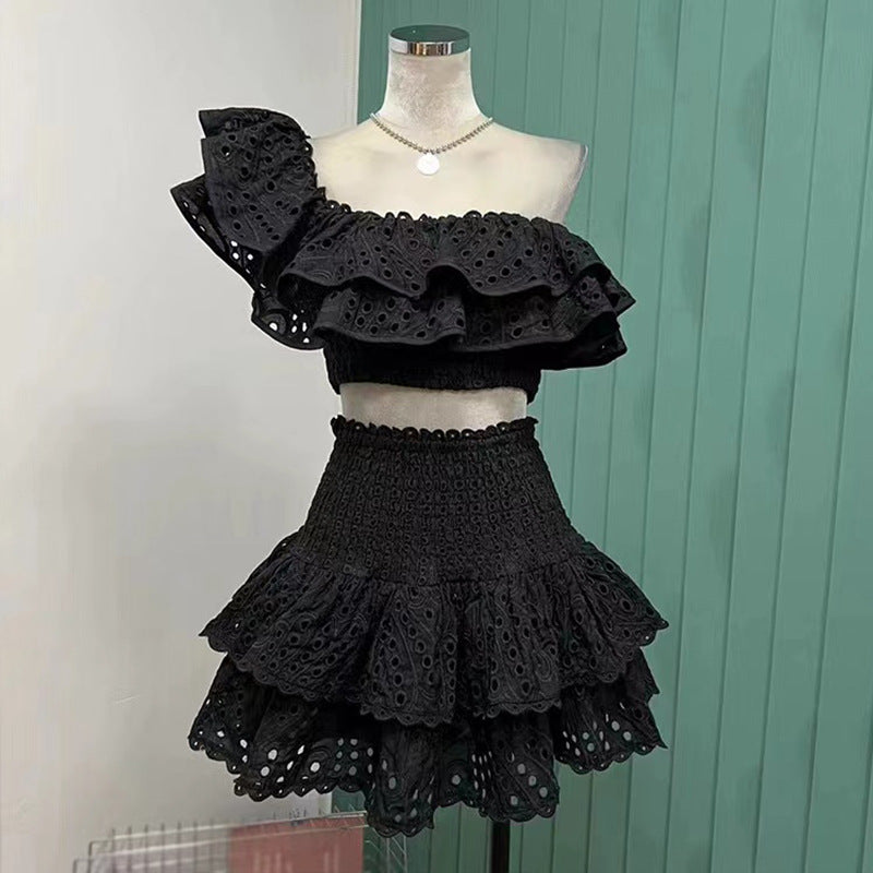 cut-out one-shoulder crop top + ruffle skirt set