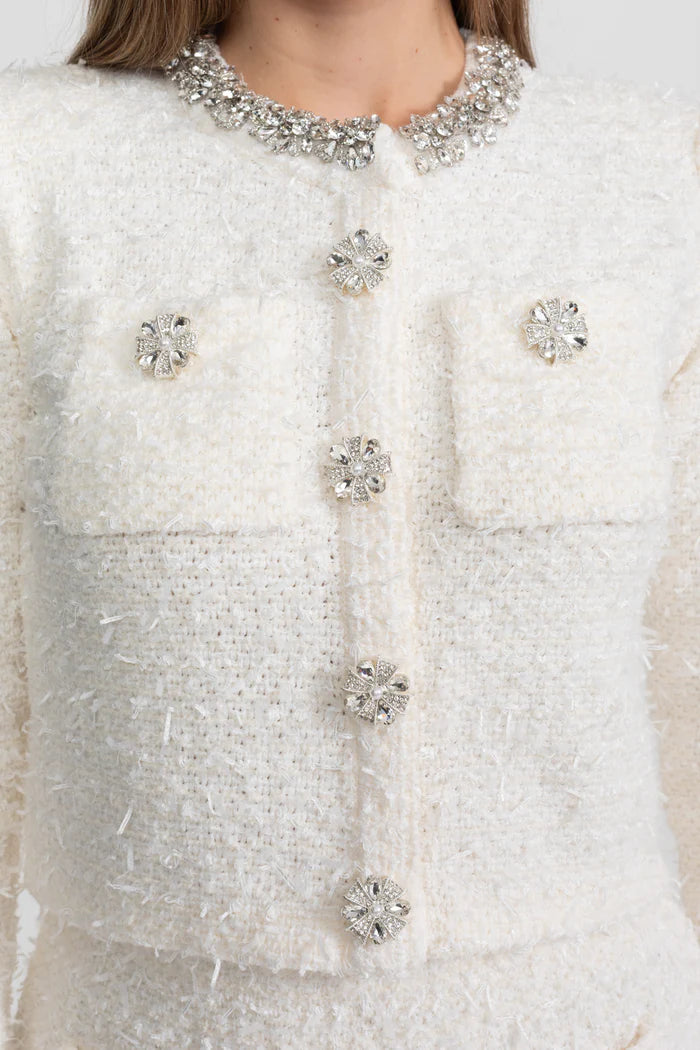 Tweed Blazer With Crystal Embellishments And Buttons - Ivoire