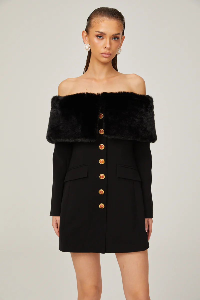 Céline Black Faux-Fur Mini robe à épaules dérangées