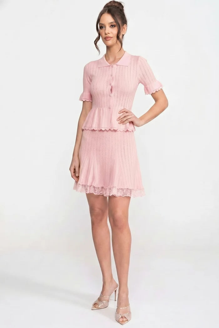 Peter-Pan Collar Knit Peplum Co-Ord set With Lace Hem - Pink