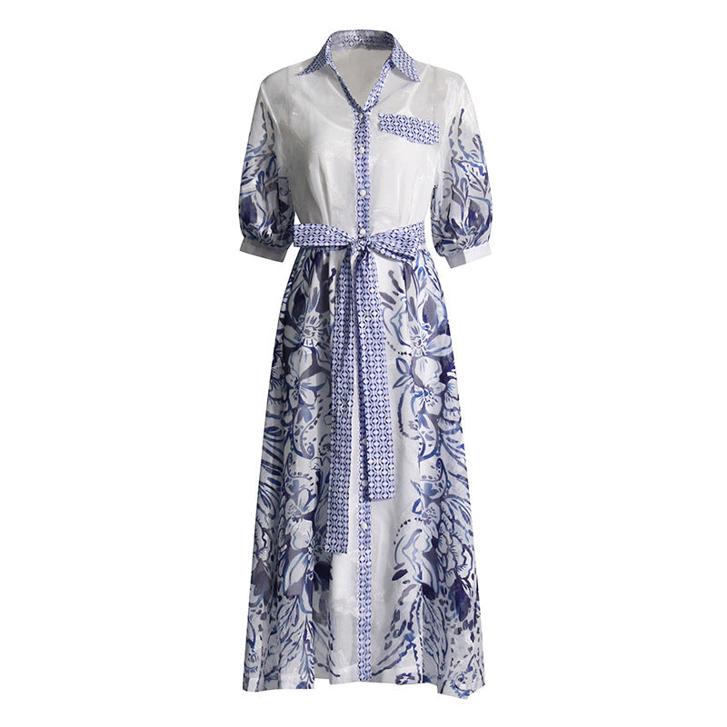 Printed lapel tie waist shirt dress