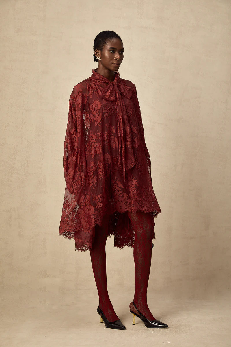 Coline red chantilly lace oversize dress