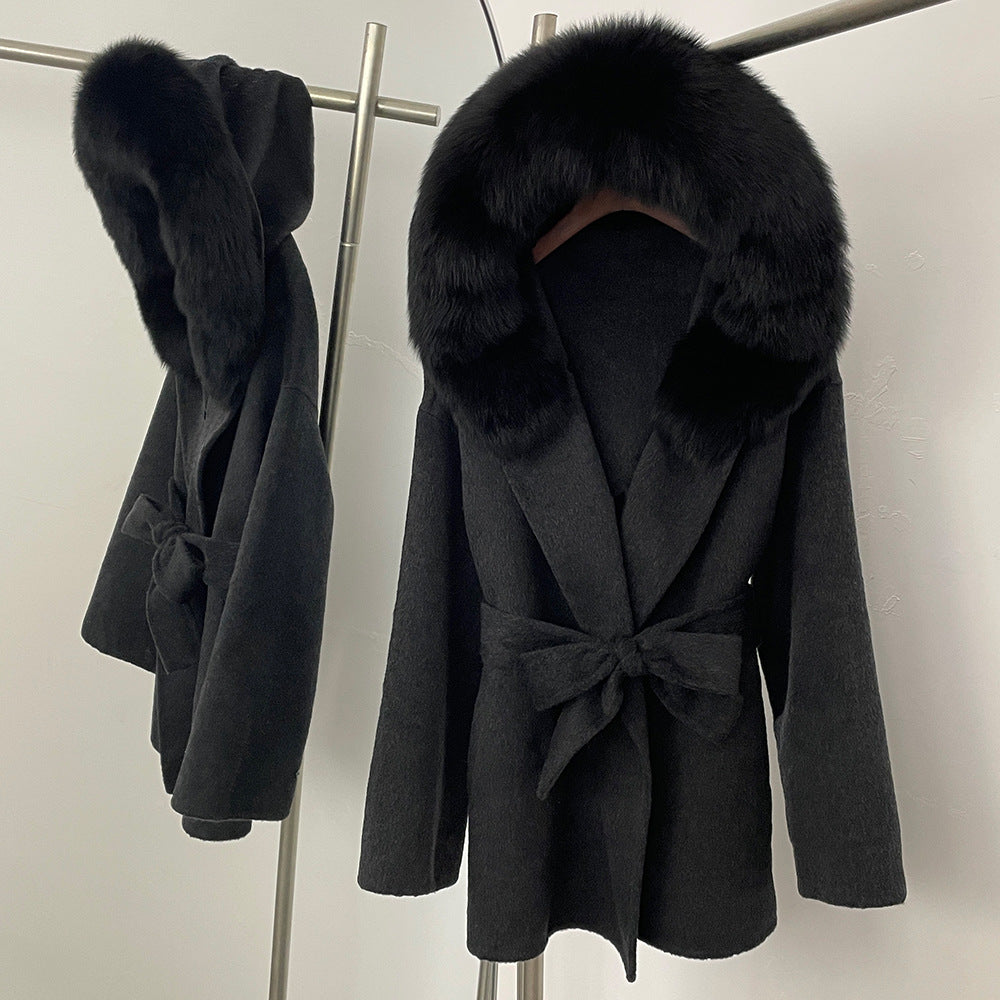Two-color fur woolen coat
