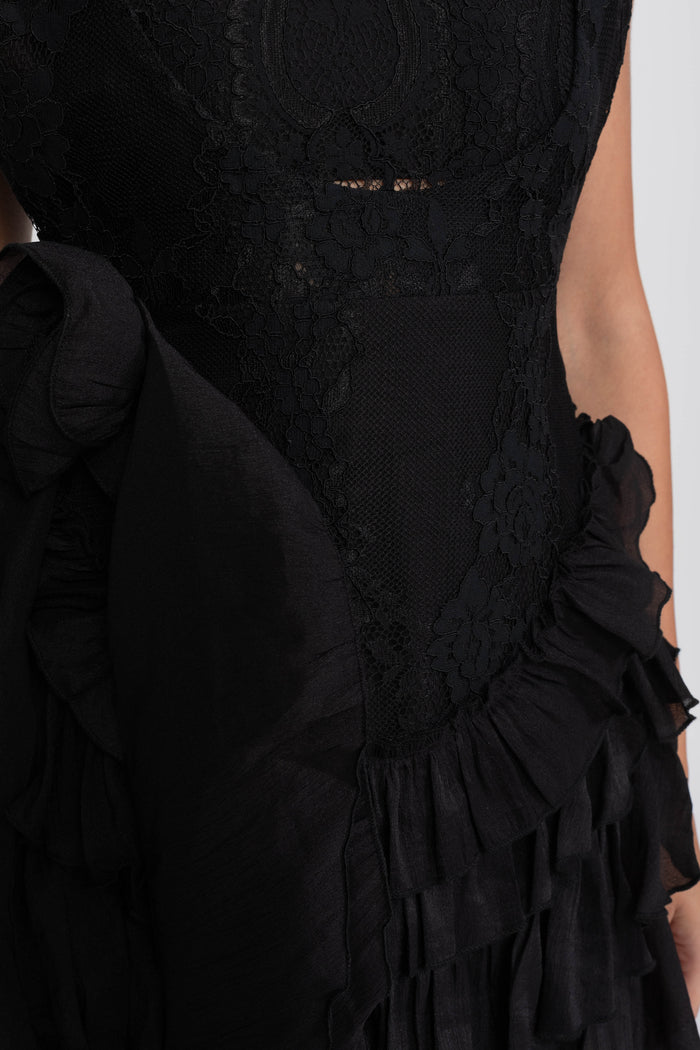 Lace Halter Rosette Mini Dress With Ruffle Skirt - Black