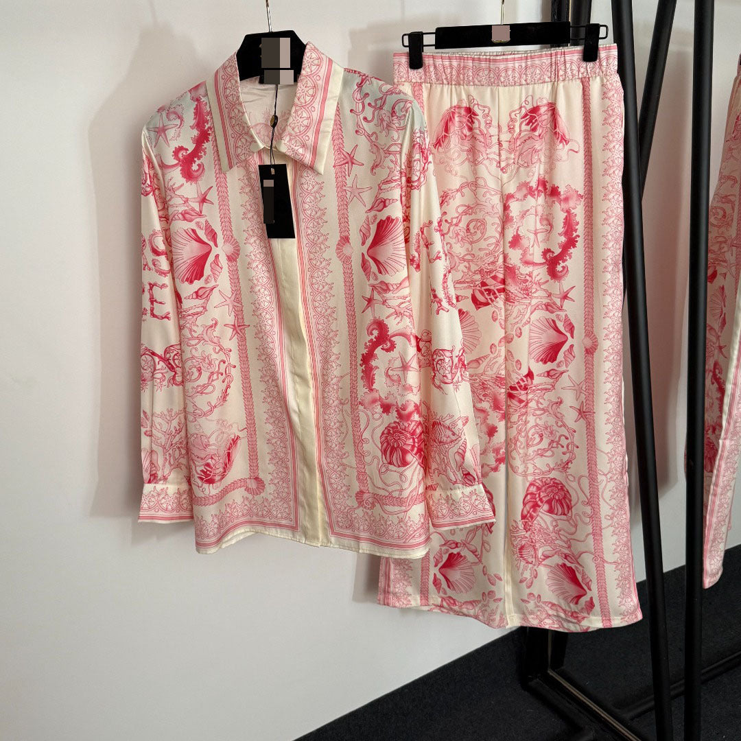 Seafood print long-sleeved shirt + casual wide-leg trousers set