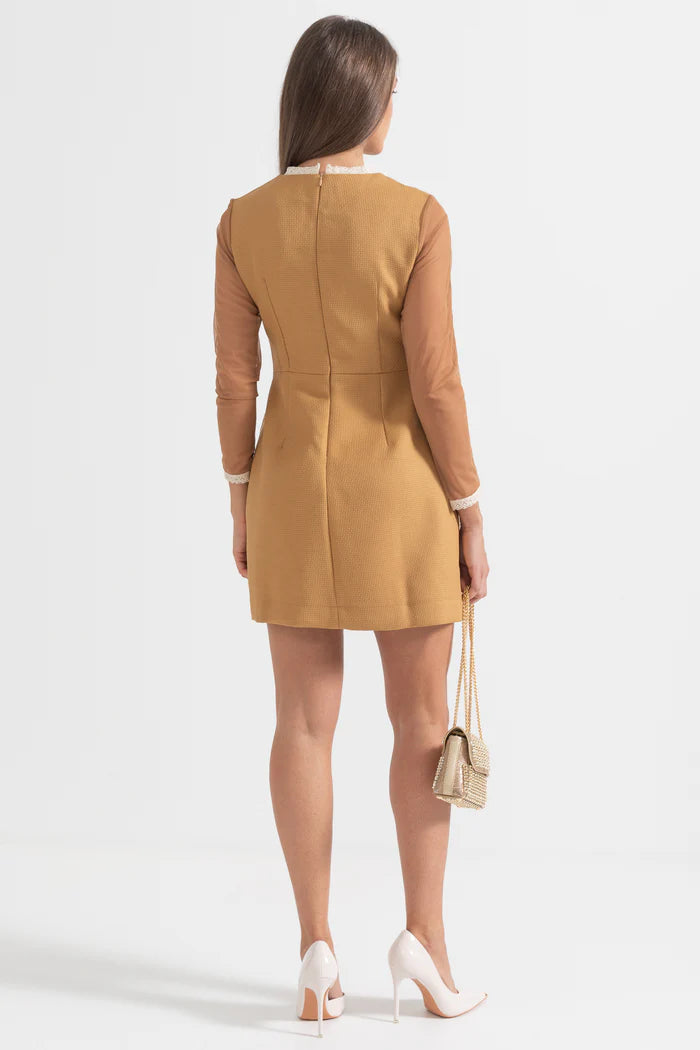 Silhouette Dress With Layered Lace Details - Brown/Beige