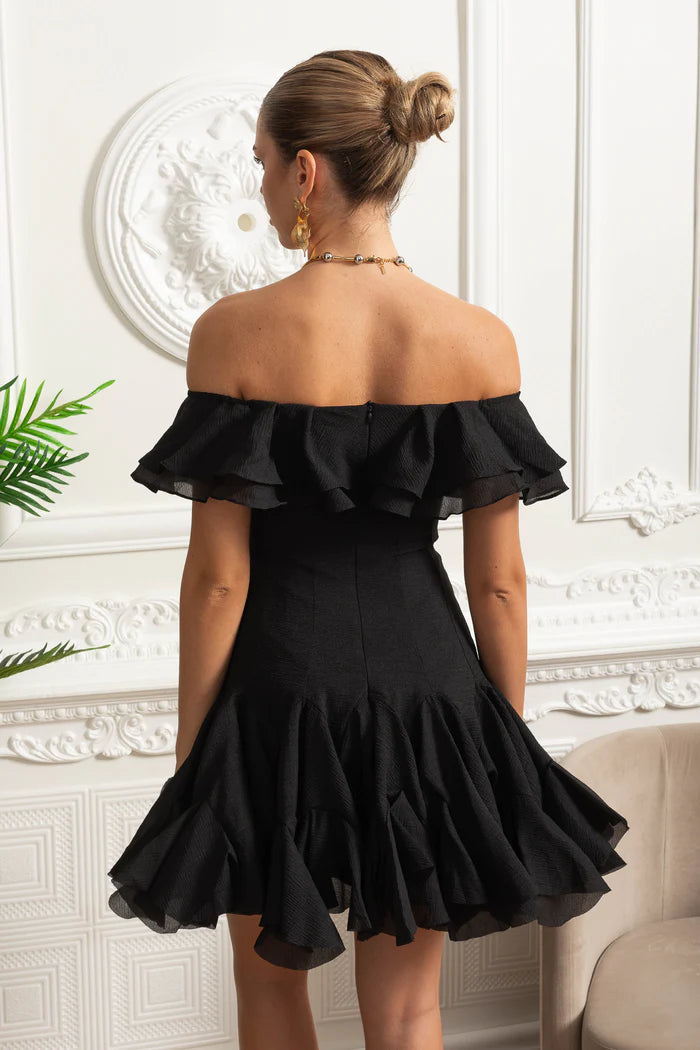 Off-Shoulder Mini Dress with Ruffled Organza Trim - Black
