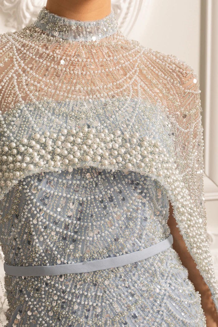 Glamourous Beaded Gown With Detachable Veil - Blue