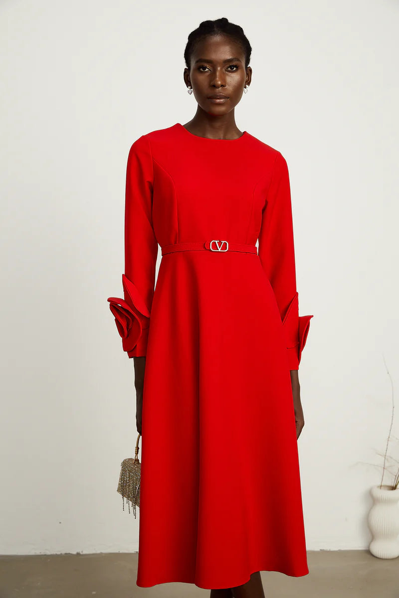 Coralie red long-sleeve floral-appliqué midi dress