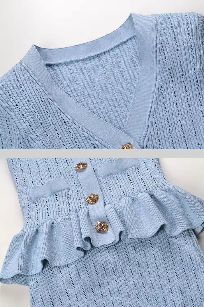 Ruffled Jacket & Flared Skirt Knit Matching Set - Baby Blue