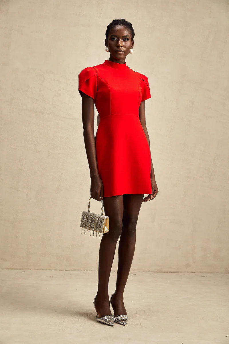 Anna Red Petal-Sheeve Cut-Out Bow Bow Robe