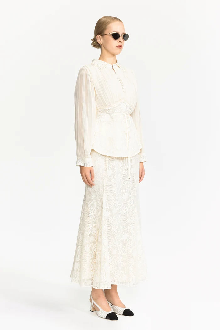 Pleated Chiffon Lace Peplum Blouse and Maxi Skirt Set - Ivoire
