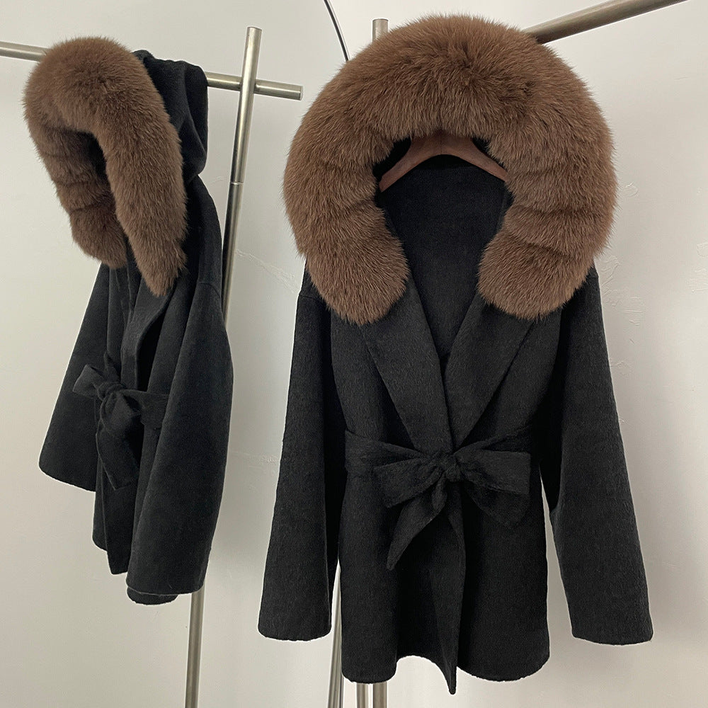 Two-color fur woolen coat