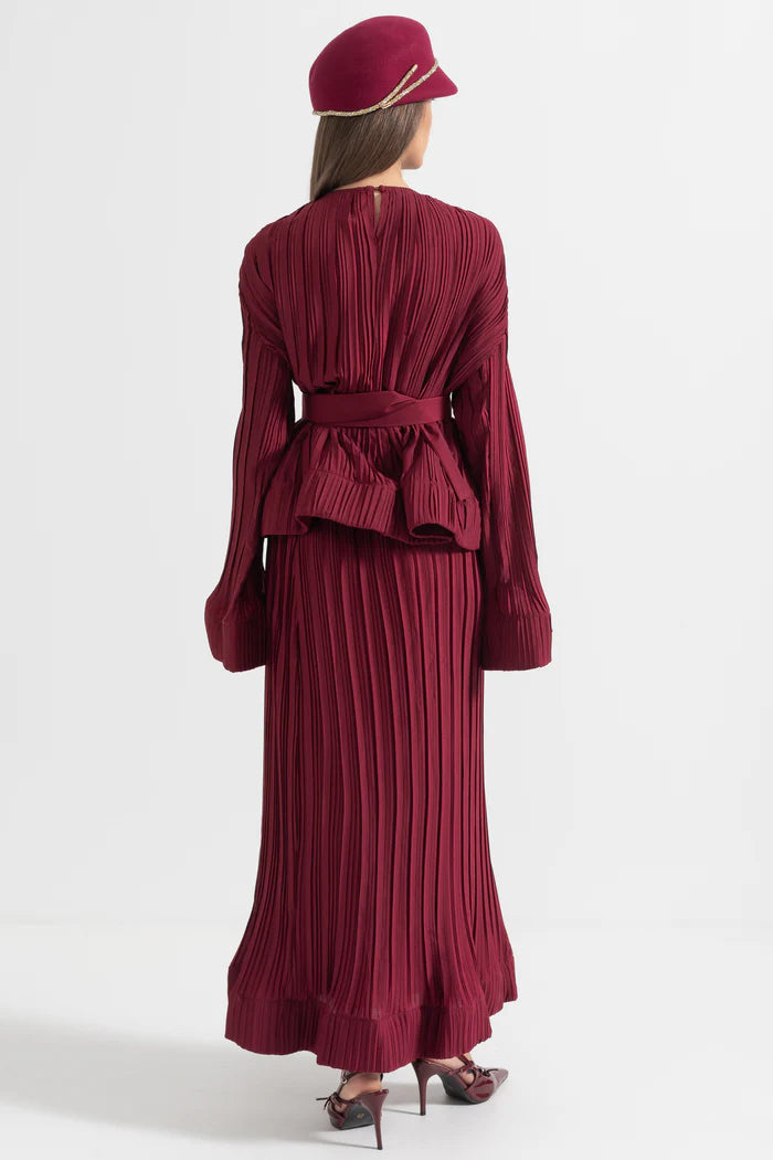 Elegant Ensemble With Pleated Top And Maxi Skirt - Burgundy