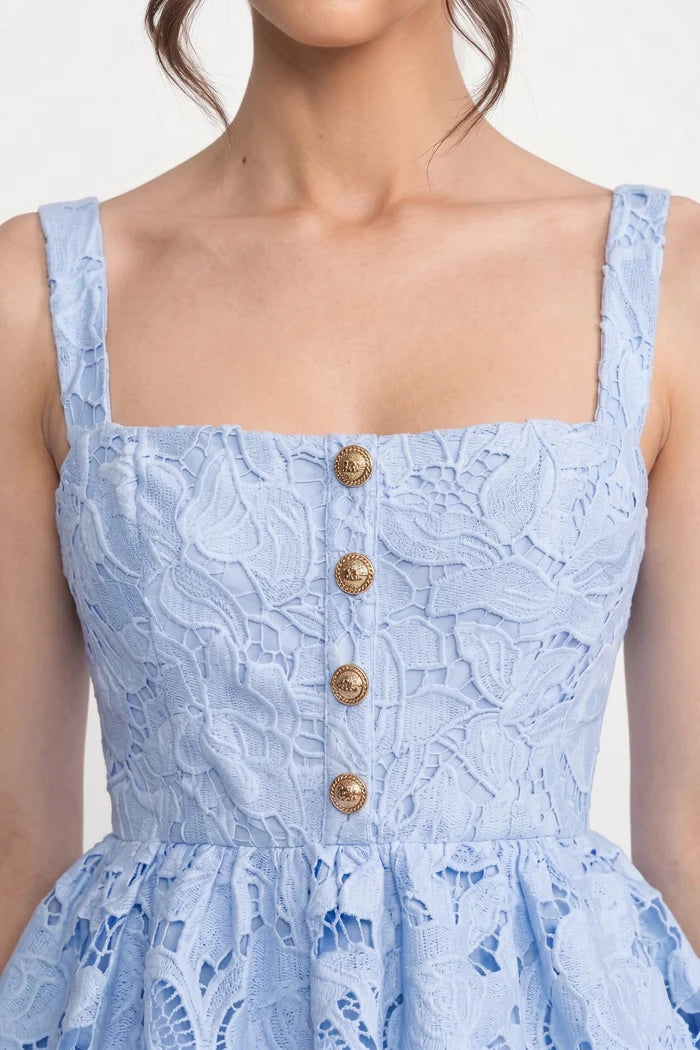 Sleeveless Lace Peplum Dress With Midi Skirt And Golden Buttons - Blue