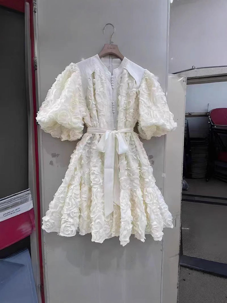 Round neck balloon sleeve short dress