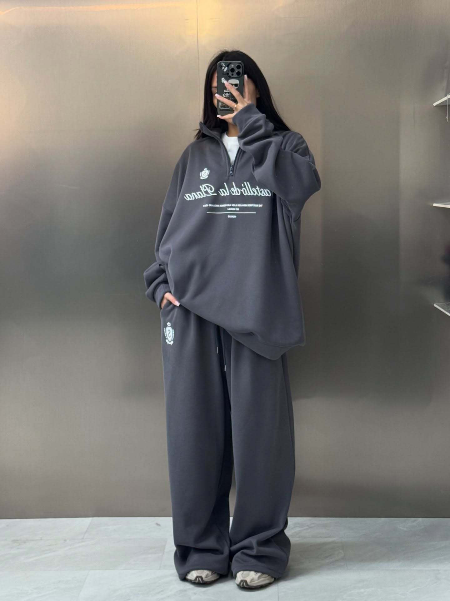 Half-zipper letter long-sleeved trousers two-piece set