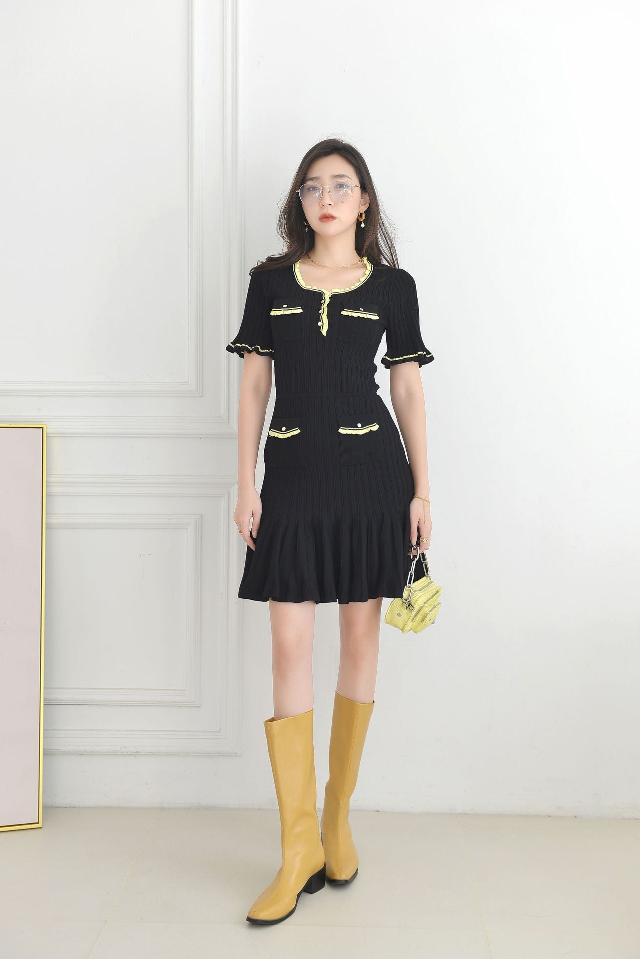 Commuter Pleated Cinched Waist Slim Dress Cruise 2023 New Bootcut Short Sleeve Skirt