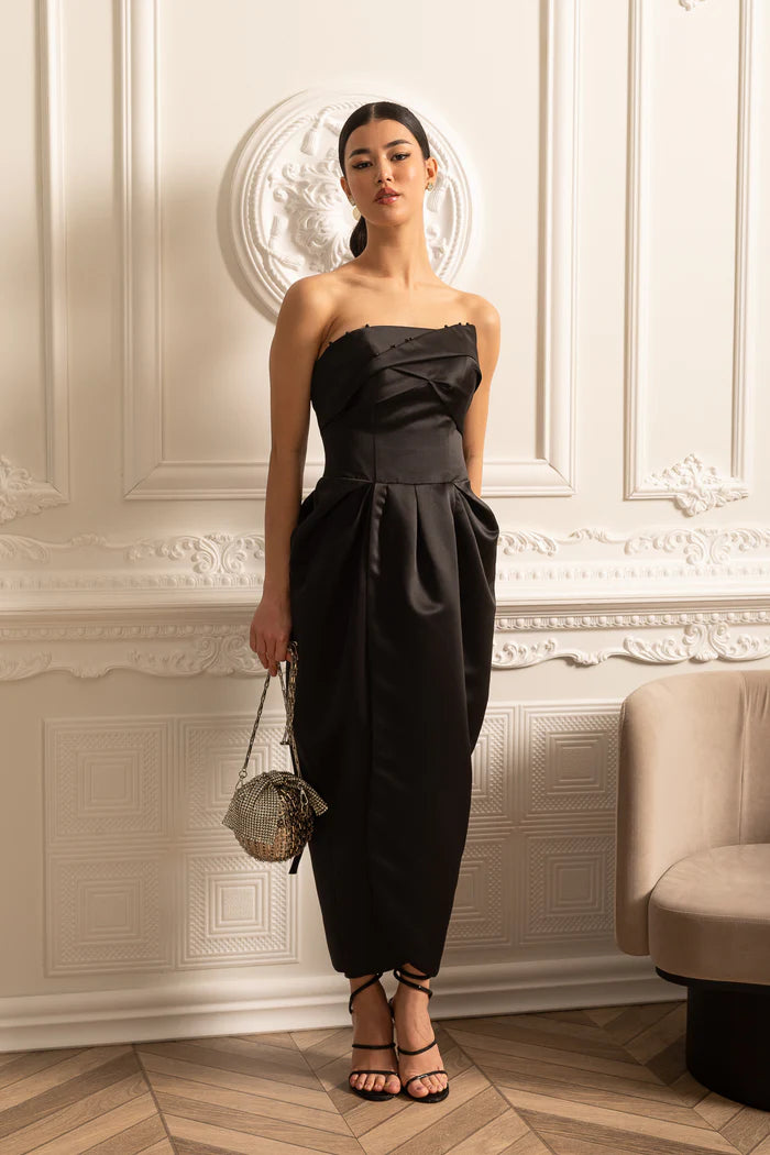 Strapless Midi Dress With Ruched Chest Detailing - Black