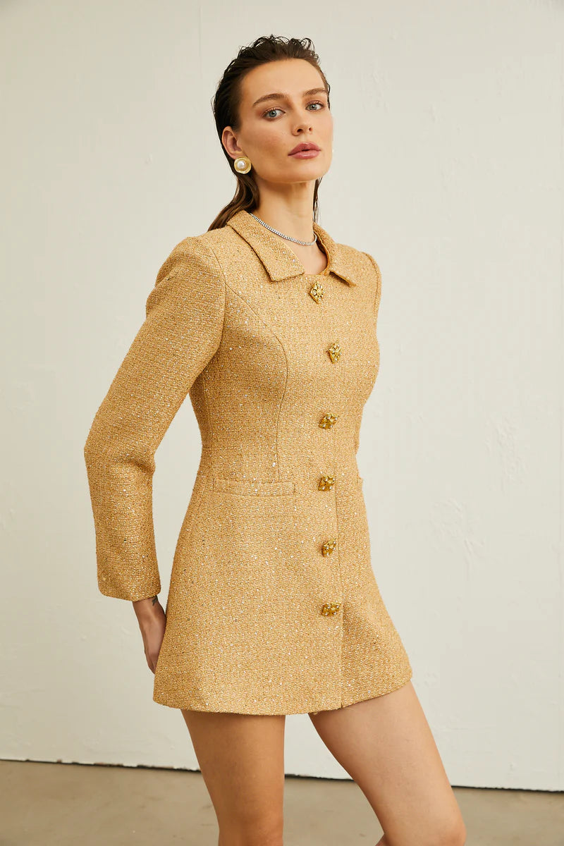 Morgane Tweed Long-Sheeve Mini Robe