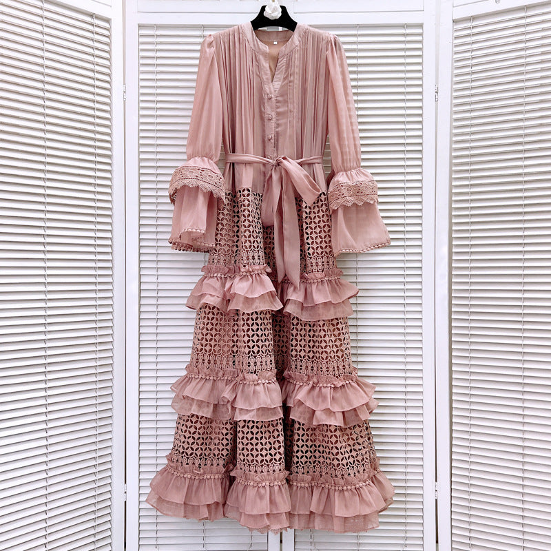 Hollow Ruffle Laminated Bell Dress